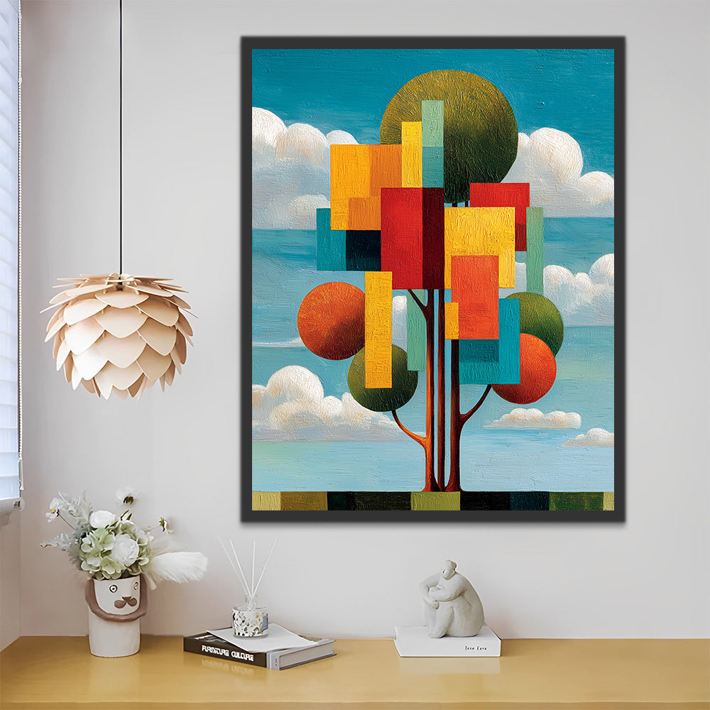 Abstract Geometric Tree under White Clouds Paint by Numbers