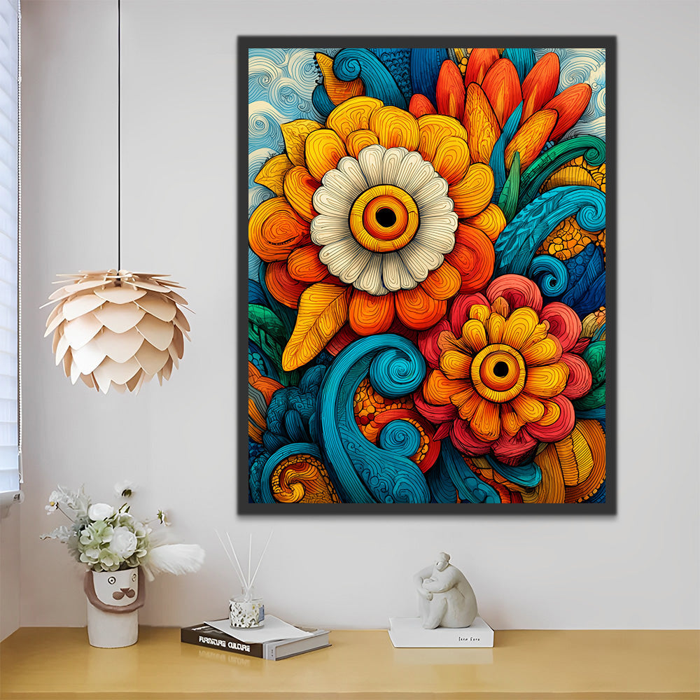 Abstract Twisted Colorful Chrysanthemums and Leaves Paint by Numbers
