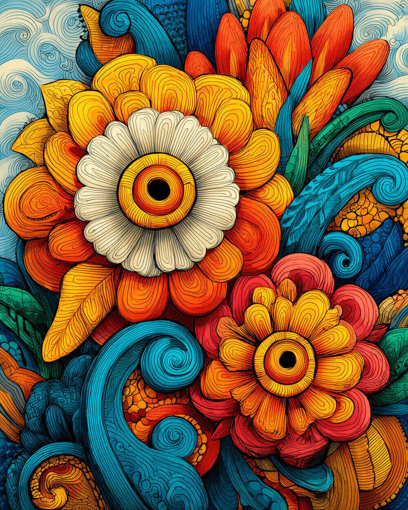 Abstract Twisted Colorful Chrysanthemums and Leaves Paint by Numbers