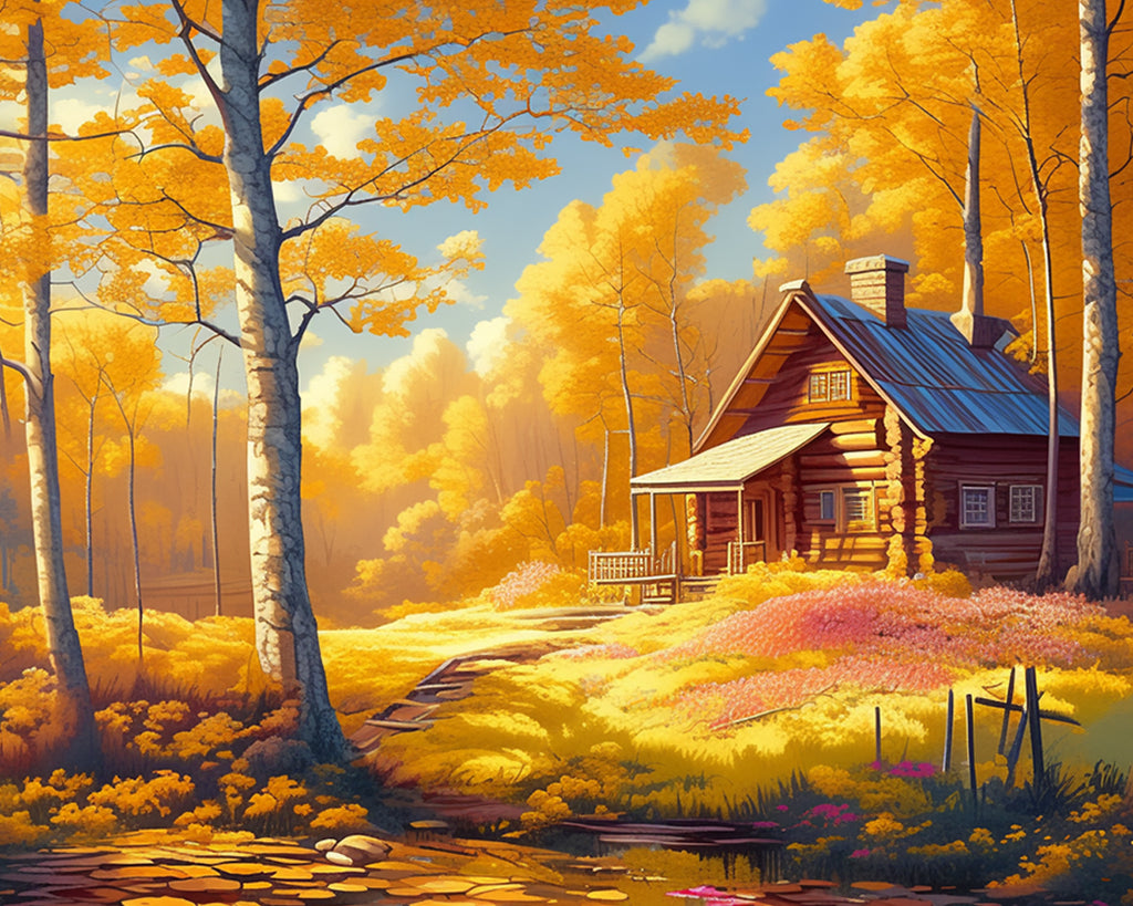 Autumn Forest Cabin Paint by Numbers