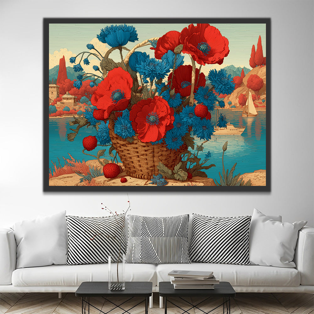 Basket of Blue Chrysanthemums and Red Poppies by the Lake Paint by Numbers
