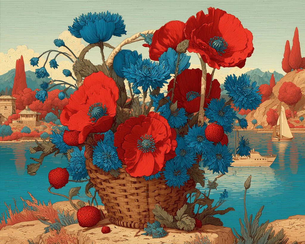 Basket of Blue Chrysanthemums and Red Poppies by the Lake Paint by Numbers