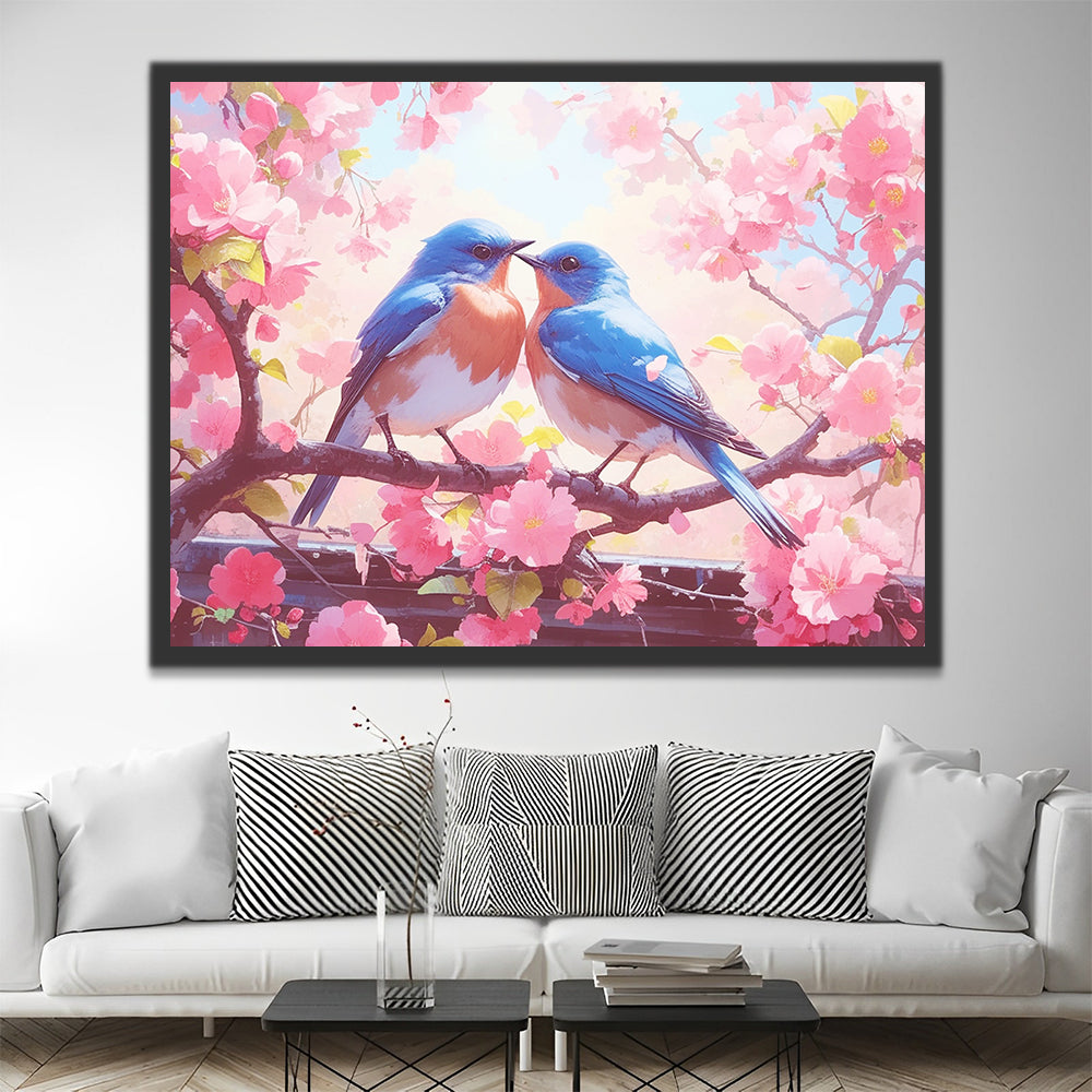 Birds Couple and Pink Flowers Paint by Numbers