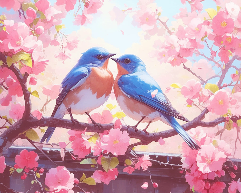 Birds Couple and Pink Flowers Paint by Numbers