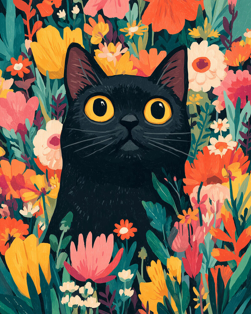 Black Cat among Flowers Paint by Numbers