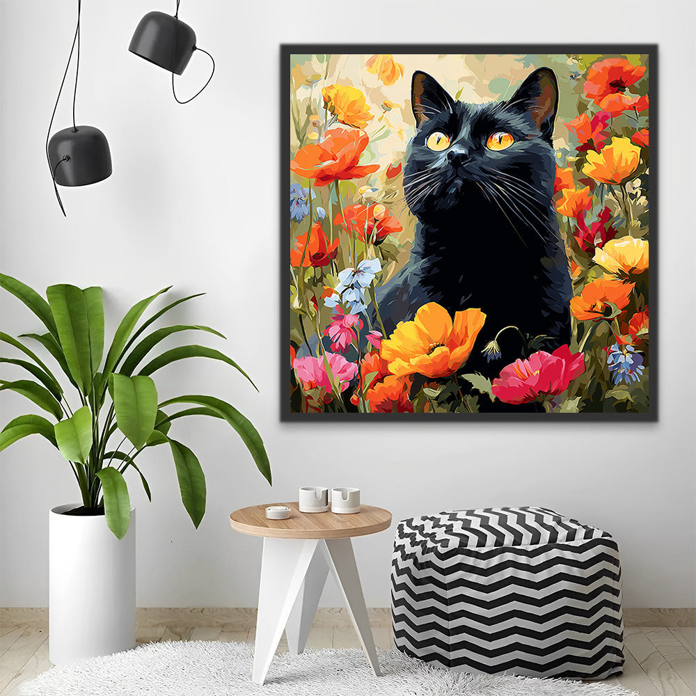 Black Cat among Poppy Flowers Paint by Numbers