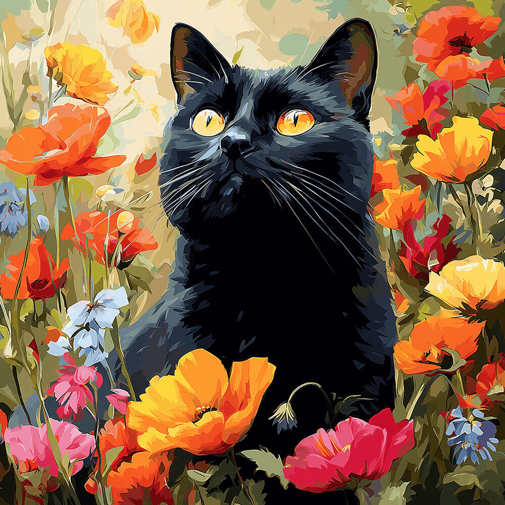 Black Cat among Poppy Flowers Paint by Numbers