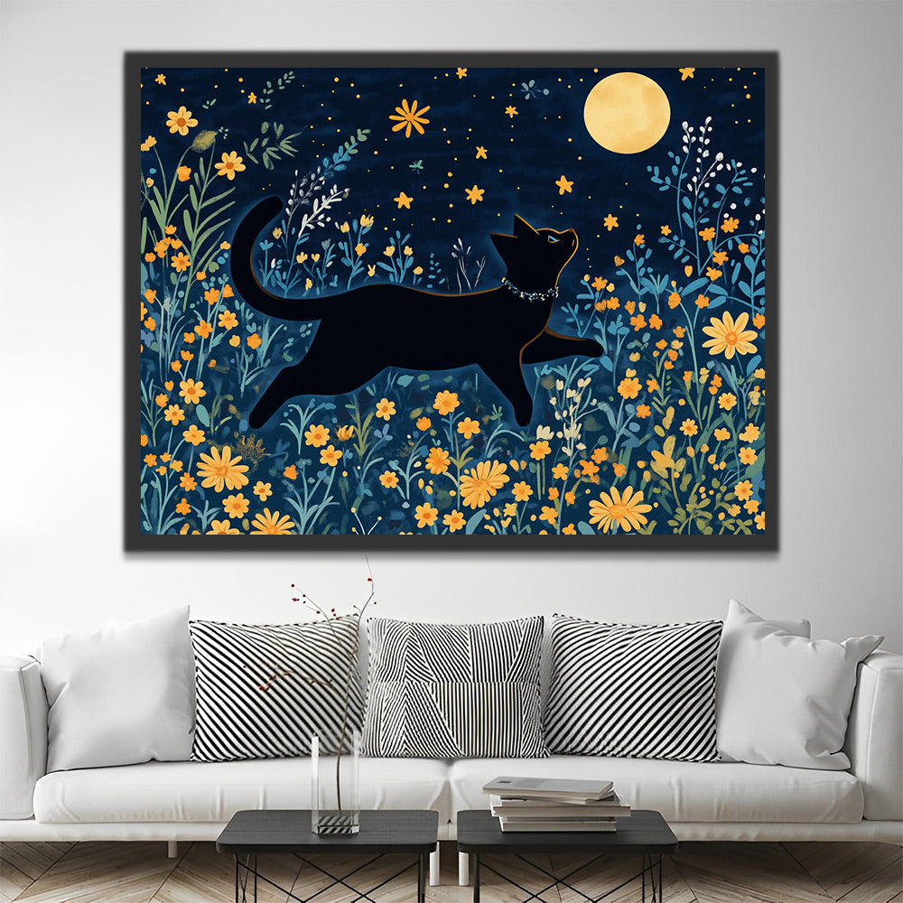 Black Cat among Yellow Flowers under Full Moon Paint by Numbers