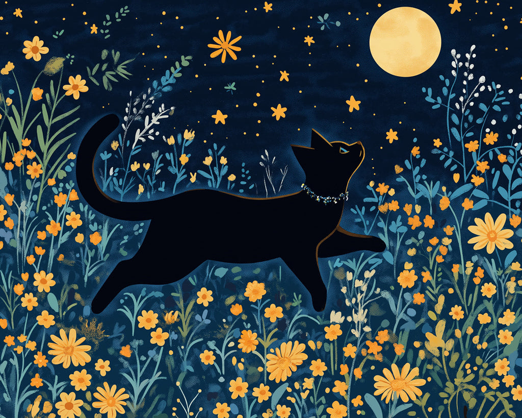 Black Cat among Yellow Flowers under Full Moon Paint by Numbers