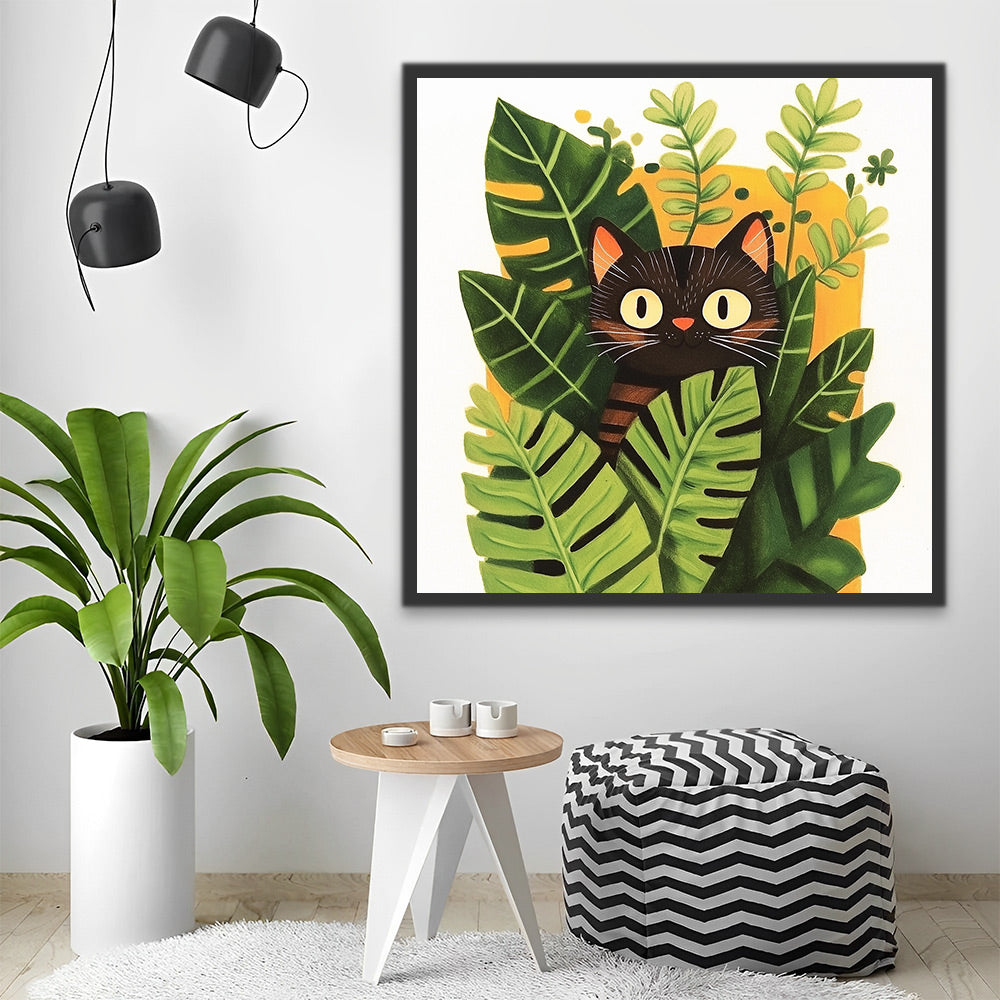 Black Cat Hiding Among Green Leaves Paint by Numbers