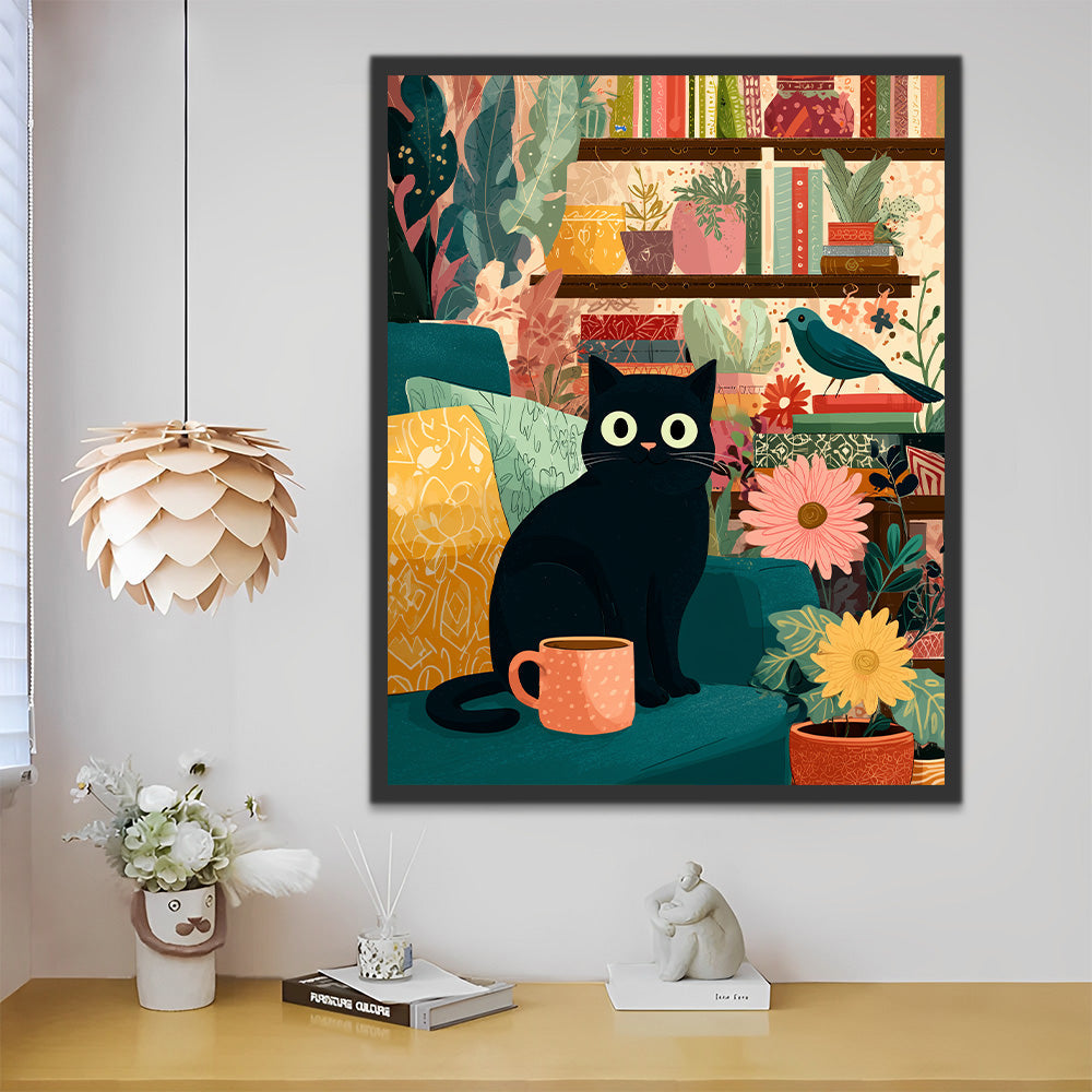 Black Cat in A Room Full of Potted Plants Paint by Numbers