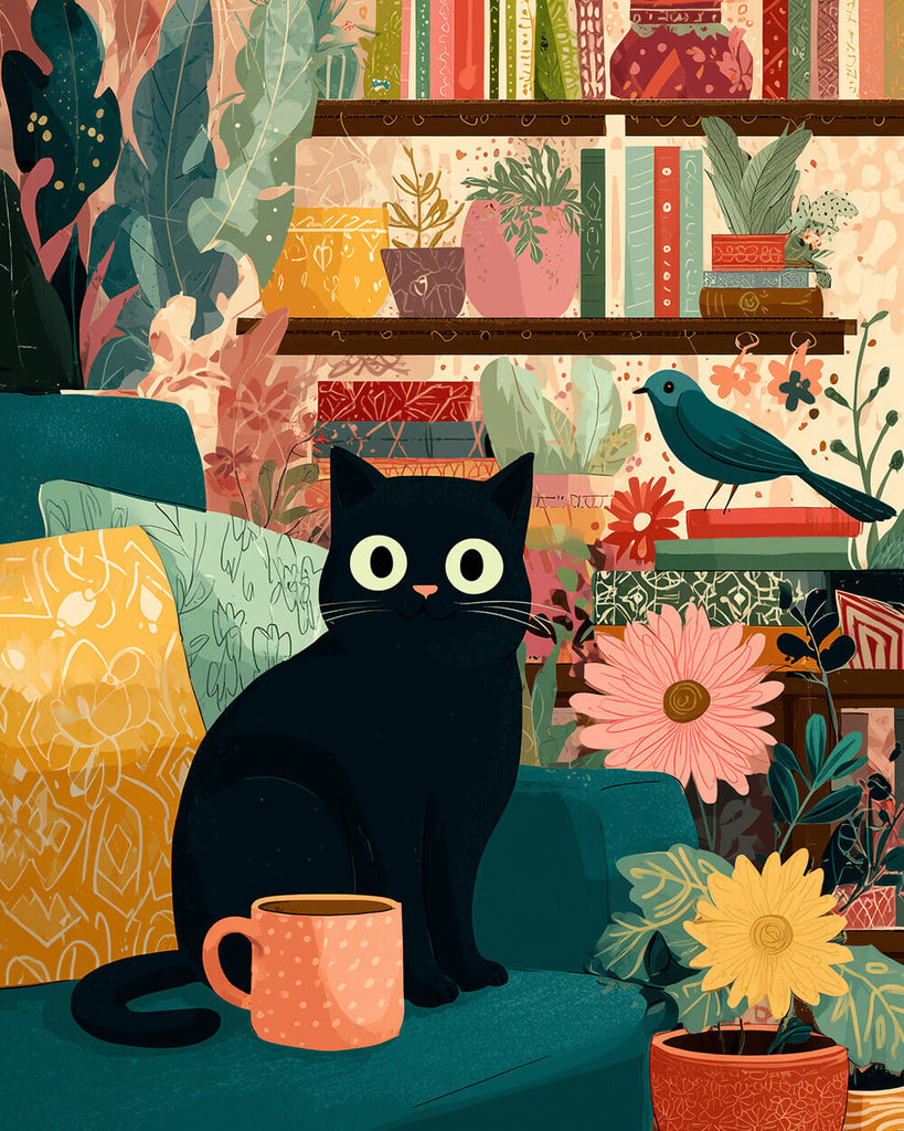 Black Cat in A Room Full of Potted Plants Paint by Numbers