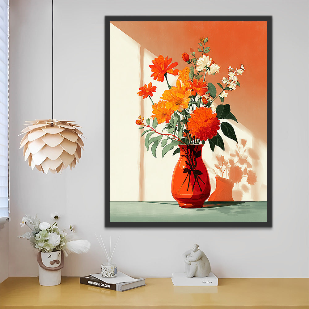 Blooming Chrysanthemums in Orange Vase Paint by Numbers