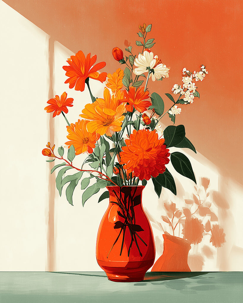 Blooming Chrysanthemums in Orange Vase Paint by Numbers