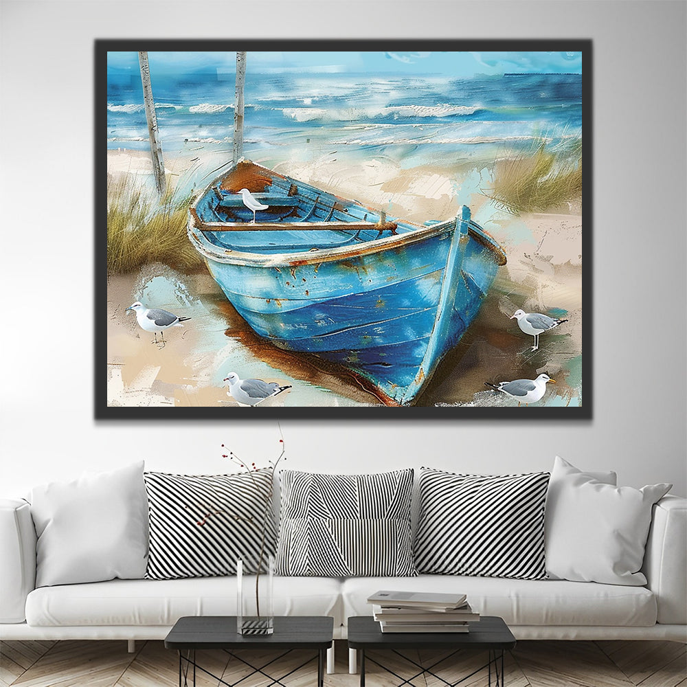 Blue Boat by the Sea Paint by Numbers