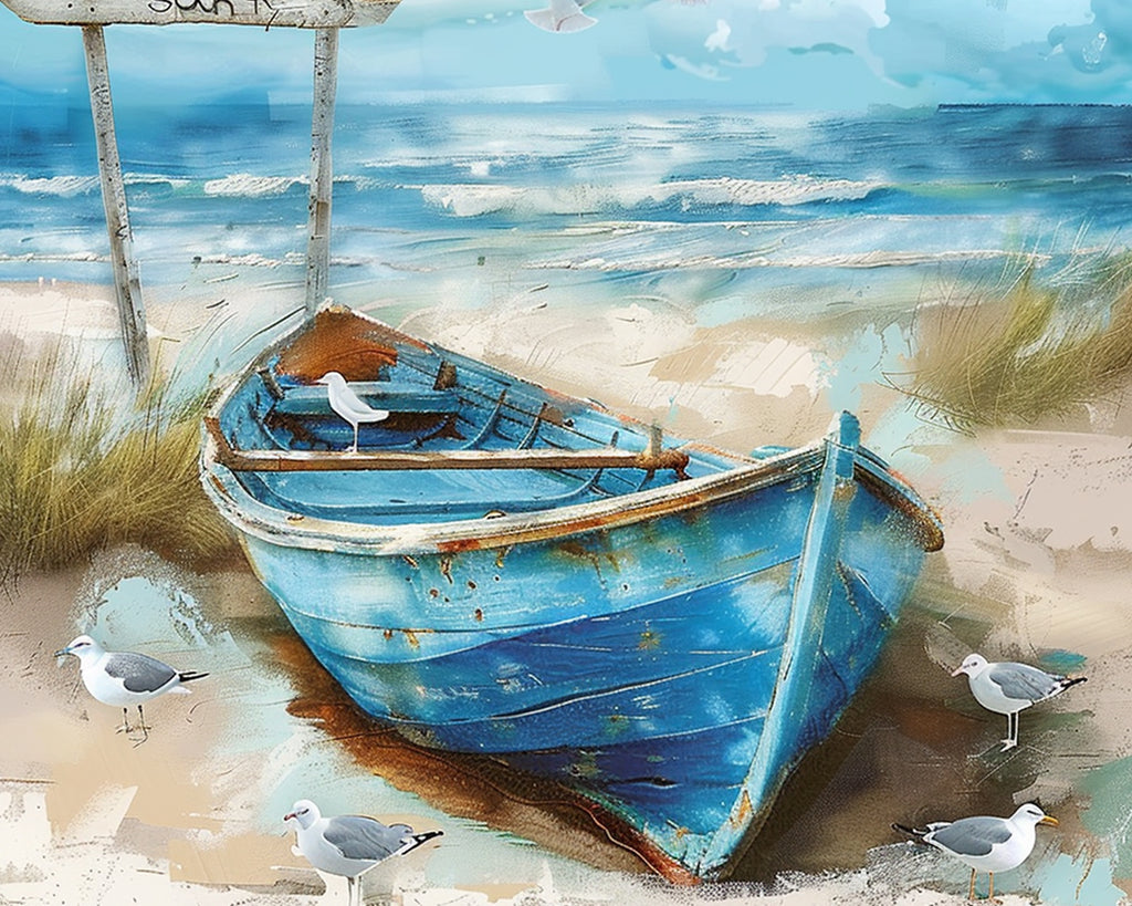 Blue Boat by the Sea Paint by Numbers