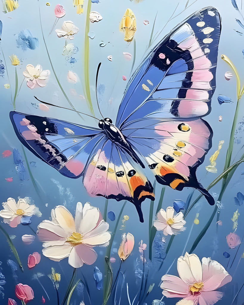 Blue Butterfly and White Flowers Paint by Numbers