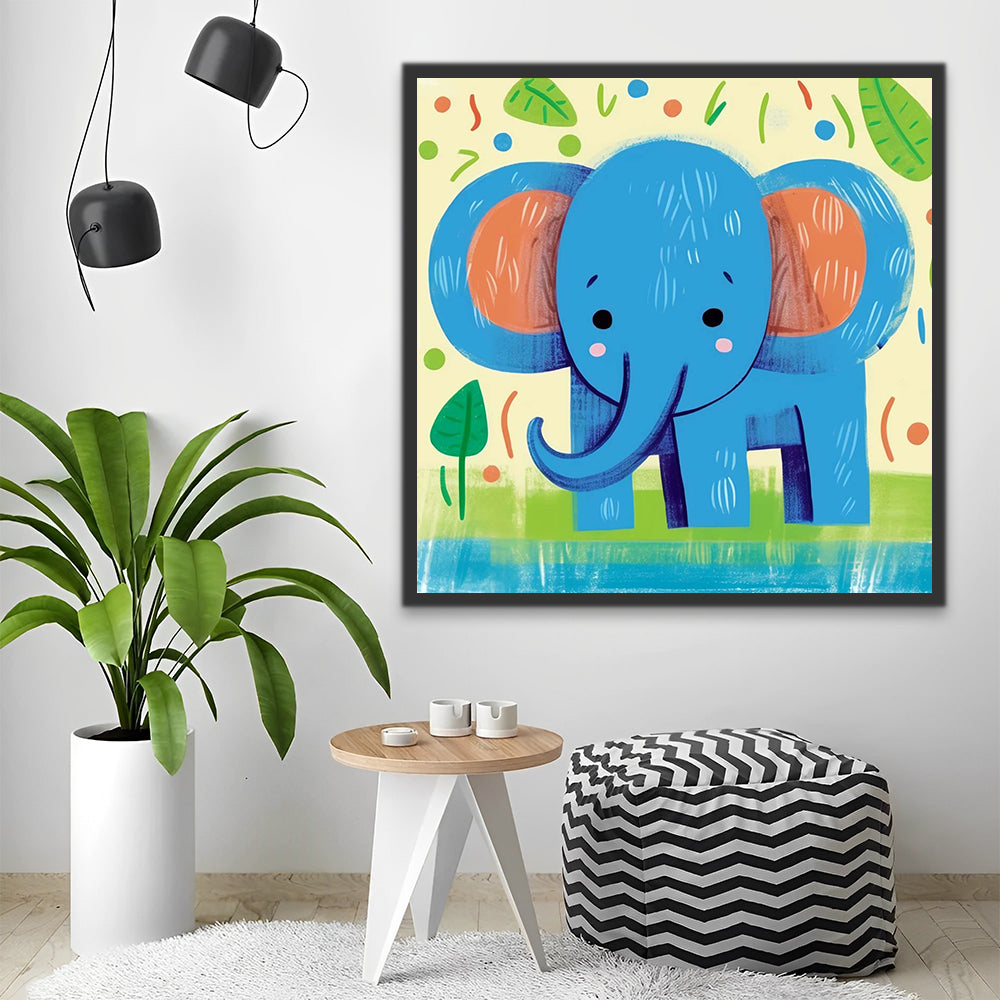 Blue Cartoon Elephant by the River Paint by Numbers for Kids