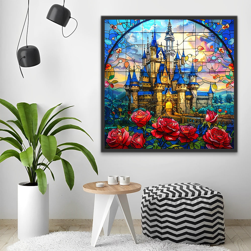 Blue Castle with Red Roses Paint by Numbers