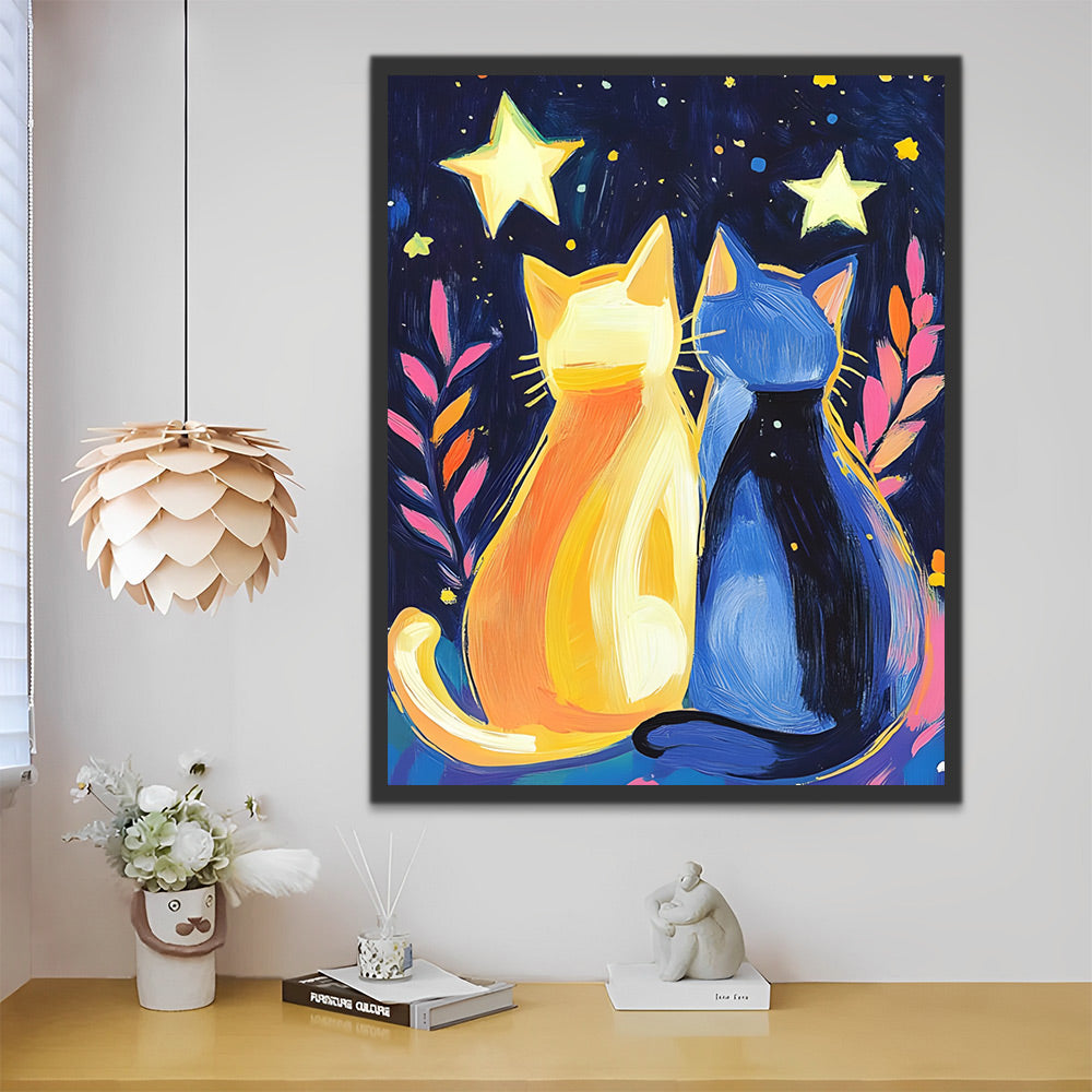 Blue Cat and Orange Cat under the Starry Sky Paint by Numbers