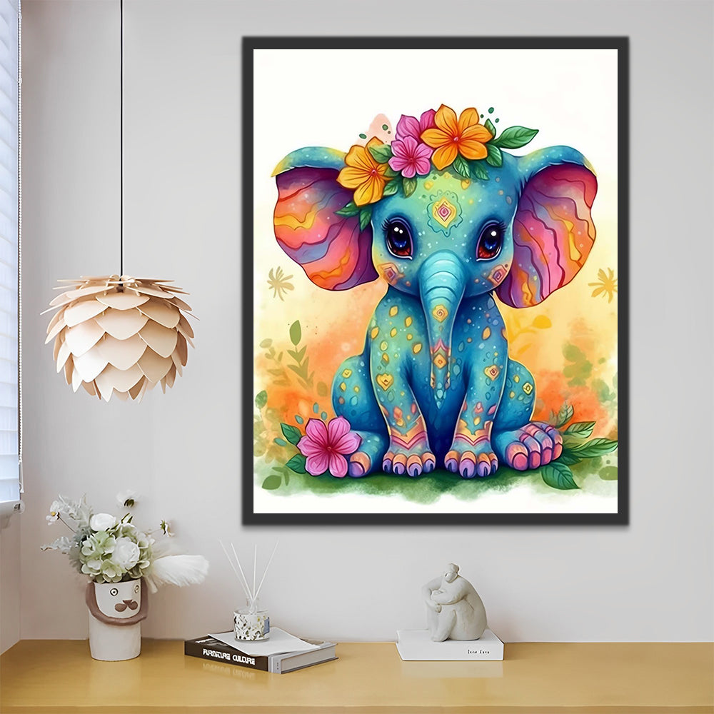 Blue Elephant with Flowers Paint by Numbers for Kids