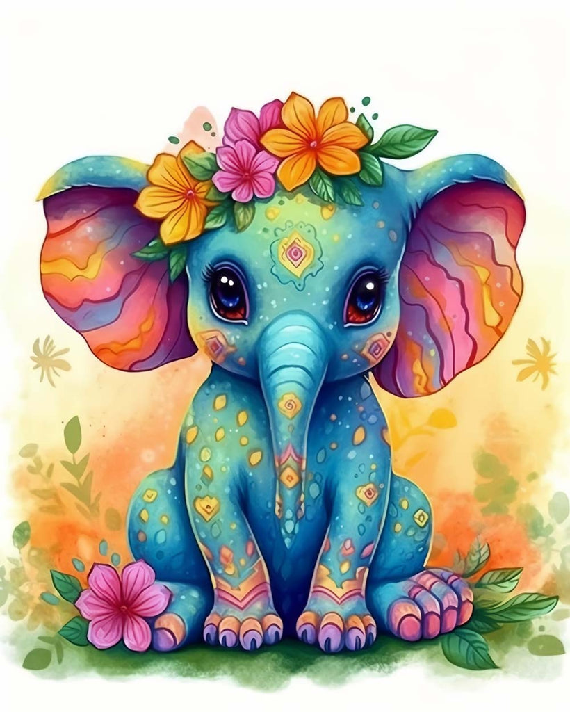 Blue Elephant with Flowers Paint by Numbers for Kids