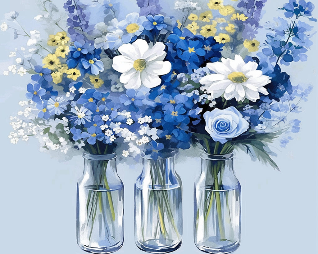 Blue Flowers in Glass Vases Paint by Numbers