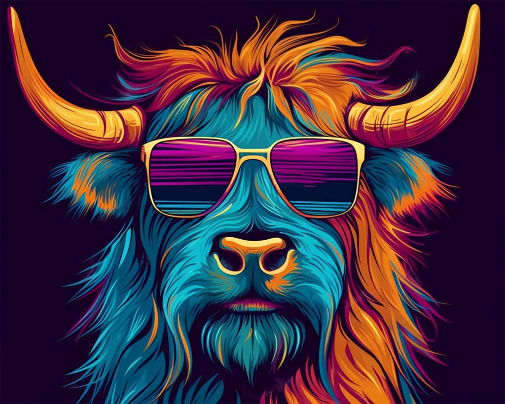 Blue Highland Cow with Glasses Animal Paint by Numbers