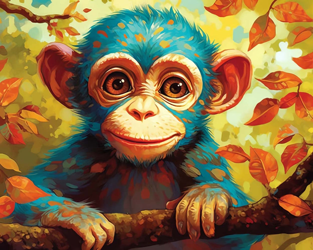 Blue Monkey and Autumn Leaves Paint by Numbers