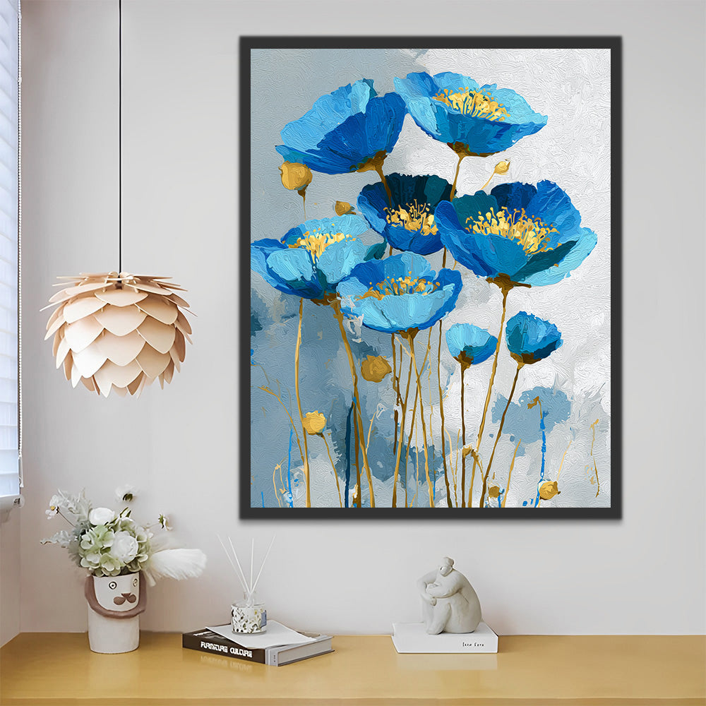 Blue Poppies with Golden Stamens Paint by Numbers