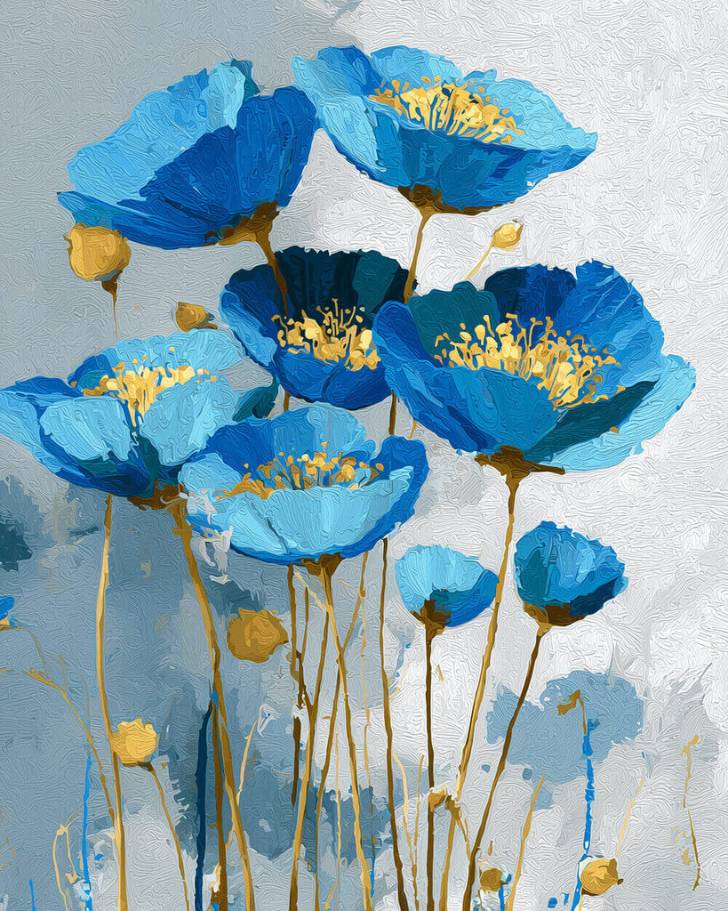 Blue Poppies with Golden Stamens Paint by Numbers
