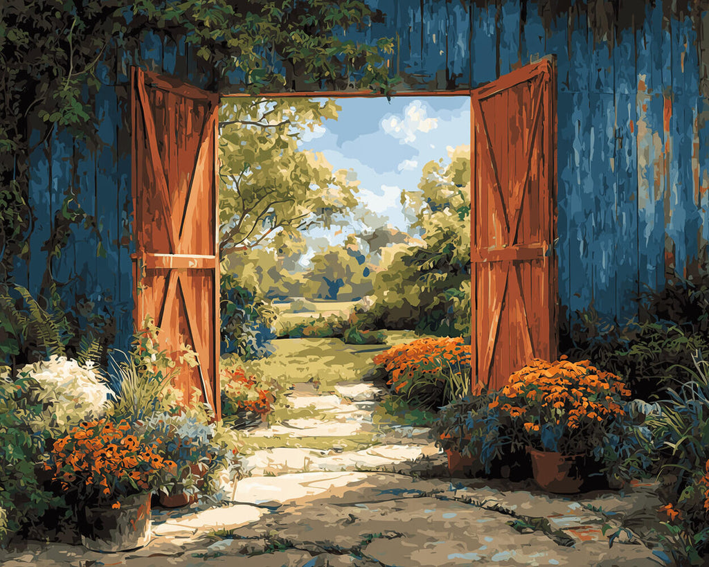 Blue Wooden Door and Potted Flowers in the Countryside Paint by Numbers