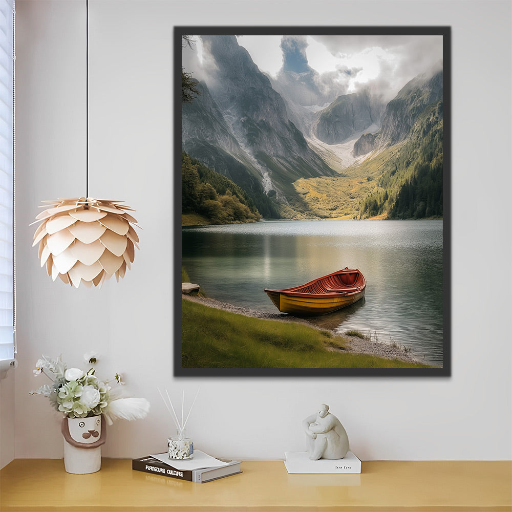 Boat in the Lake at the Foot of the Mountain Paint by Numbers – Houseart.uk