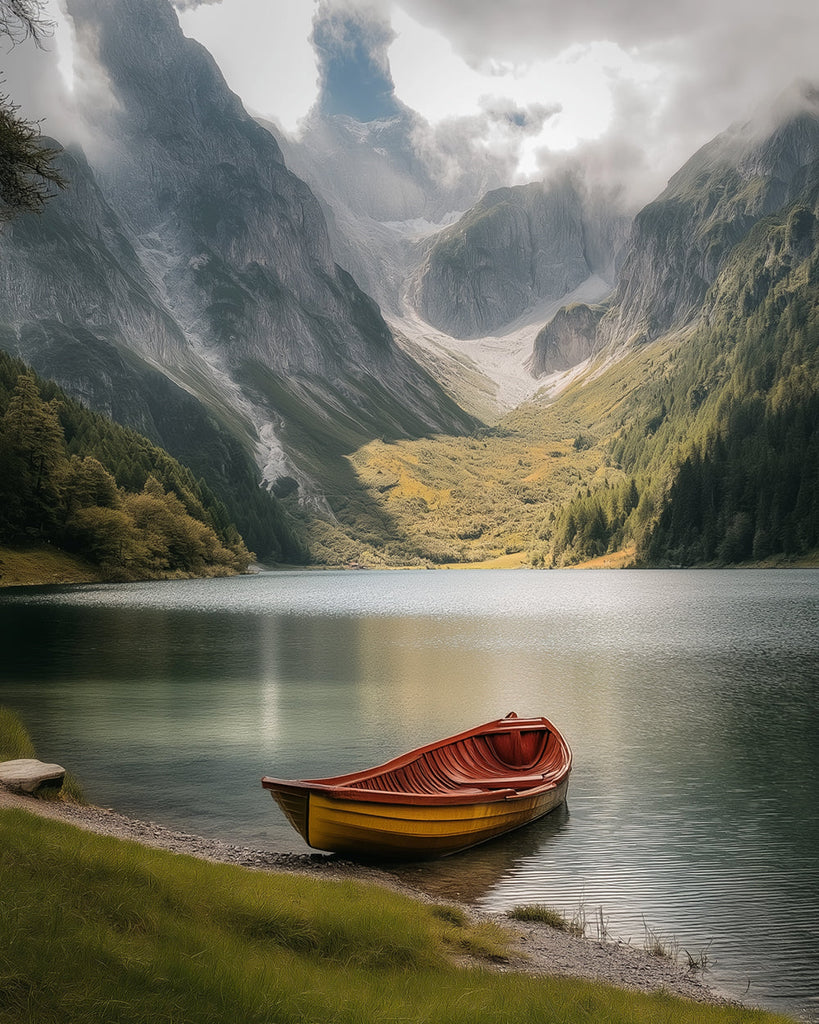 Boat in the Lake at the Foot of the Mountain Paint by Numbers