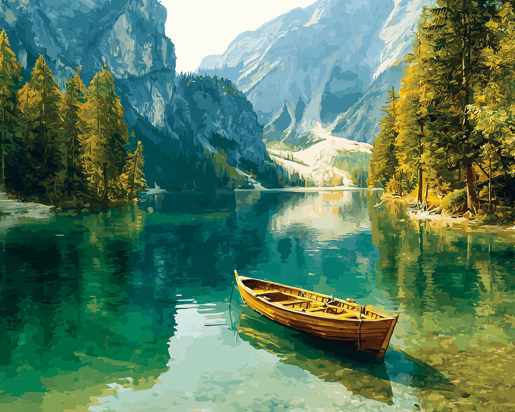 Boat on the Lake in the Mountains Paint by Numbers