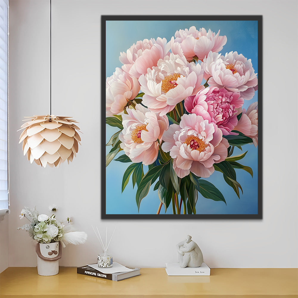 Bouquet of Pink Peonies with Green Leaves Paint by Numbers