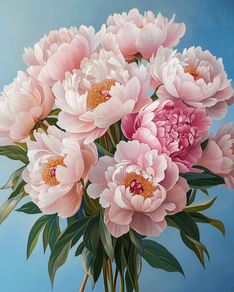 Bouquet of Pink Peonies with Green Leaves Paint by Numbers