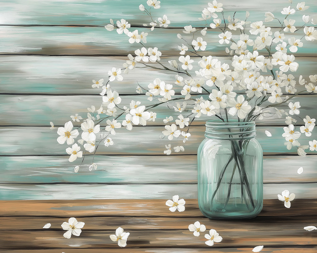 Branches of White Flowers in Glass Vase Paint by Numbers