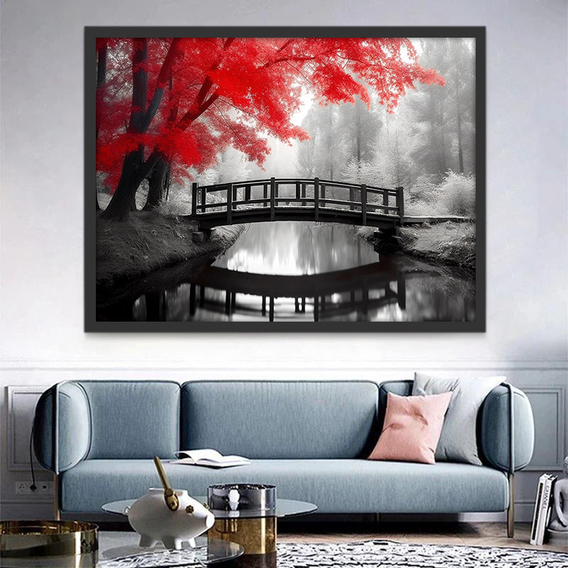 Bridge and Red Tree Paint by Numbers