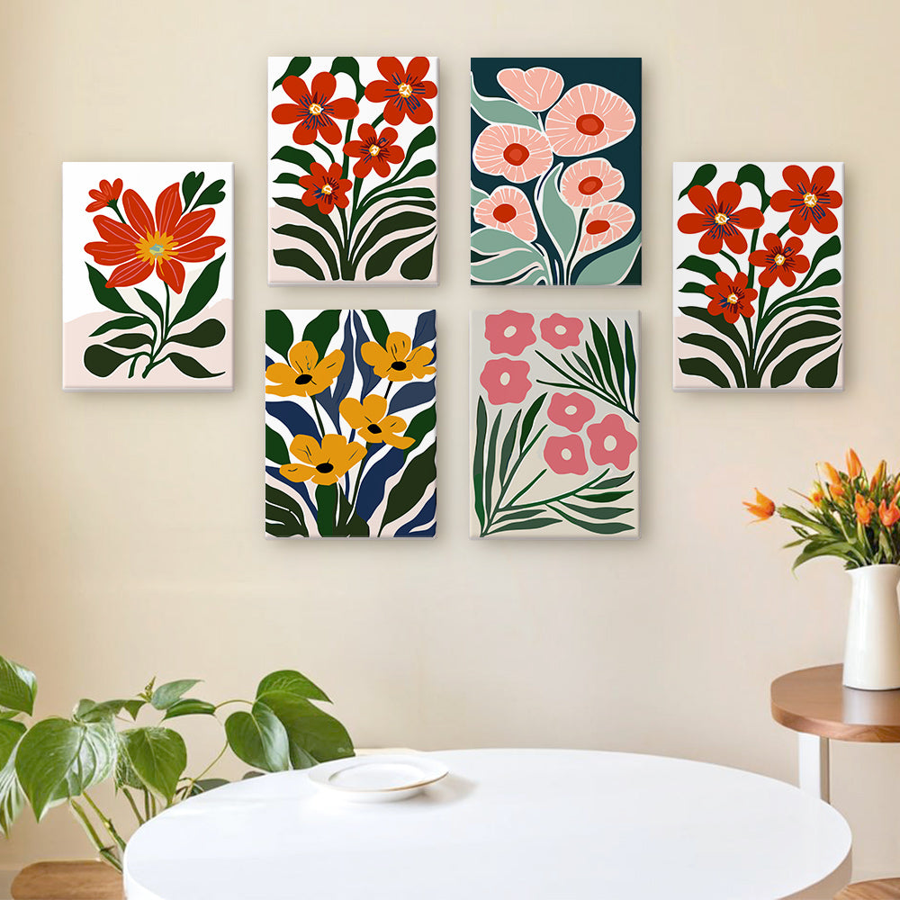 Brightly Colored Flowers amidst Green Leaves 6 Pieces Mini Paint by Numbers