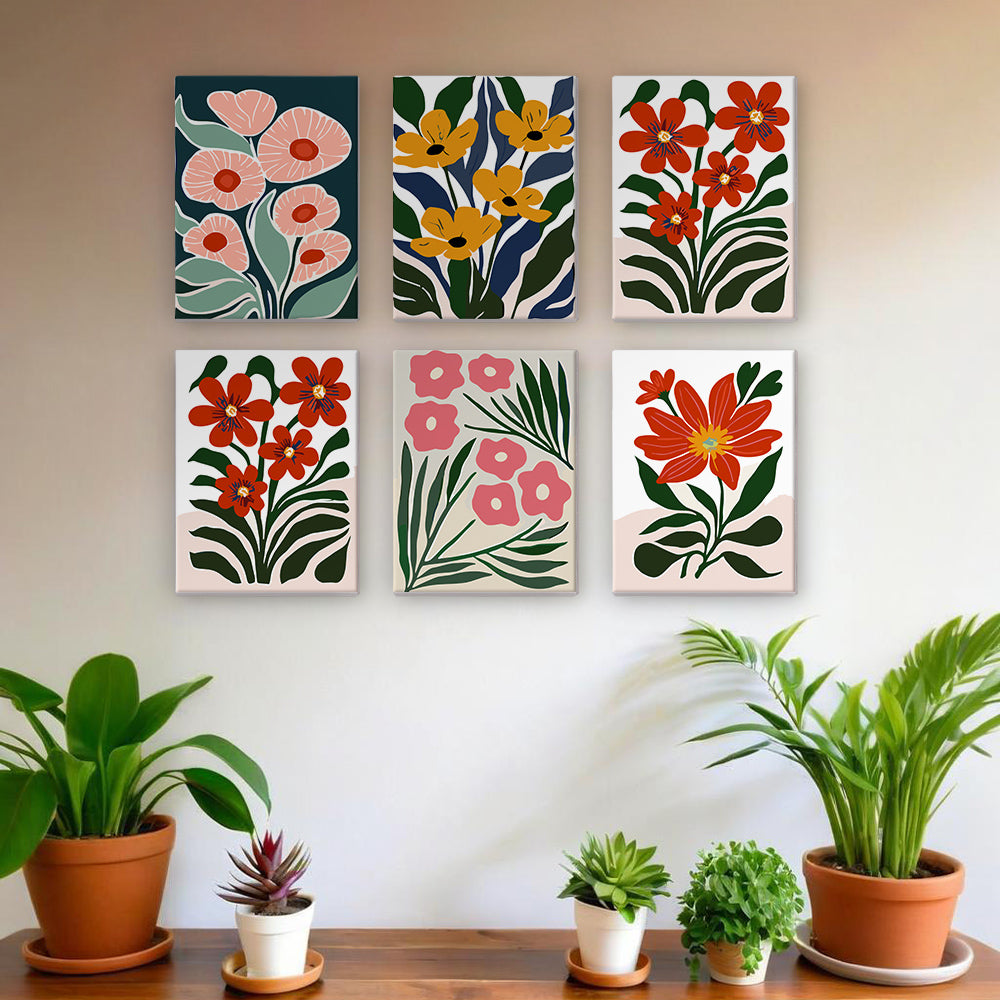Brightly Colored Flowers amidst Green Leaves 6 Pieces Mini Paint by Numbers