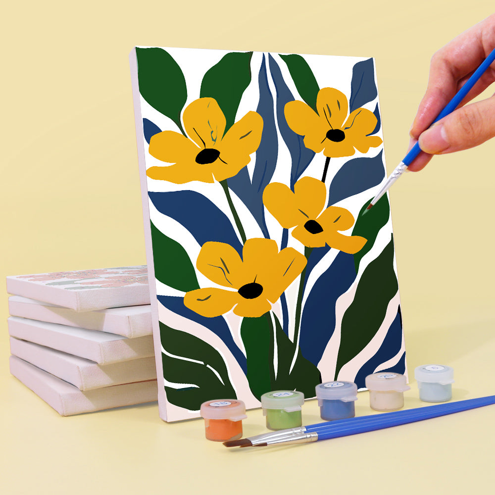 Brightly Colored Flowers amidst Green Leaves 6 Pieces Mini Paint by Numbers