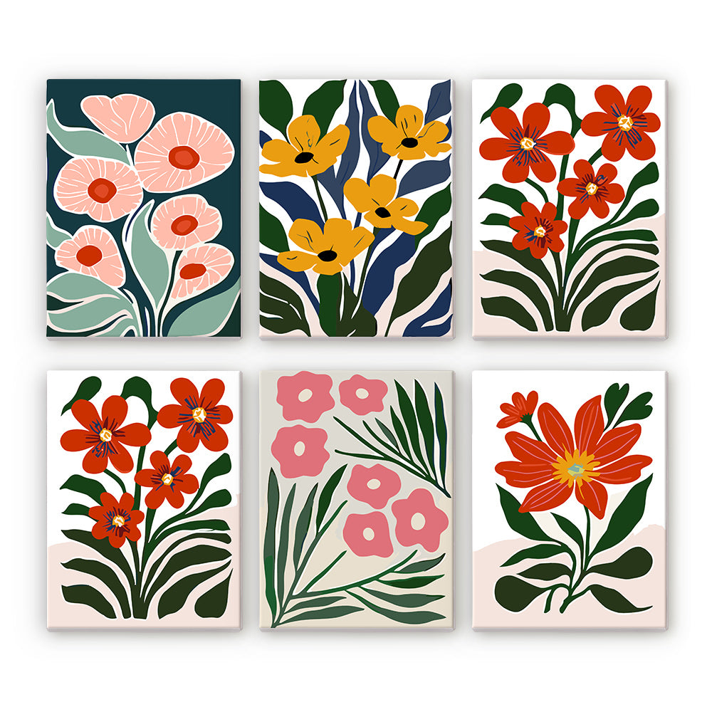 Brightly Colored Flowers amidst Green Leaves 6 Pieces Mini Paint by Numbers