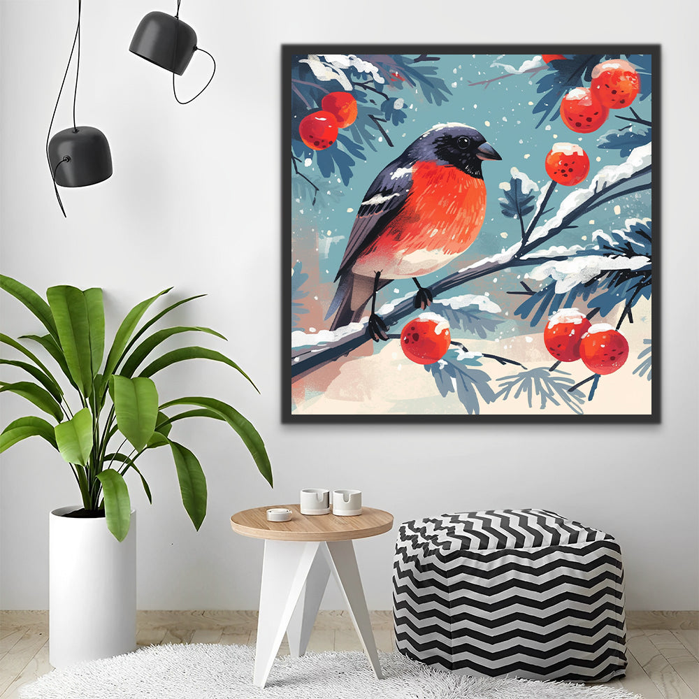 Bullfinch and Red Fruit in Snow Paint by Numbers