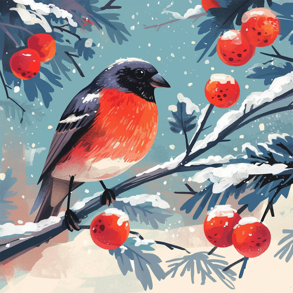 Bullfinch and Red Fruit in Snow Paint by Numbers