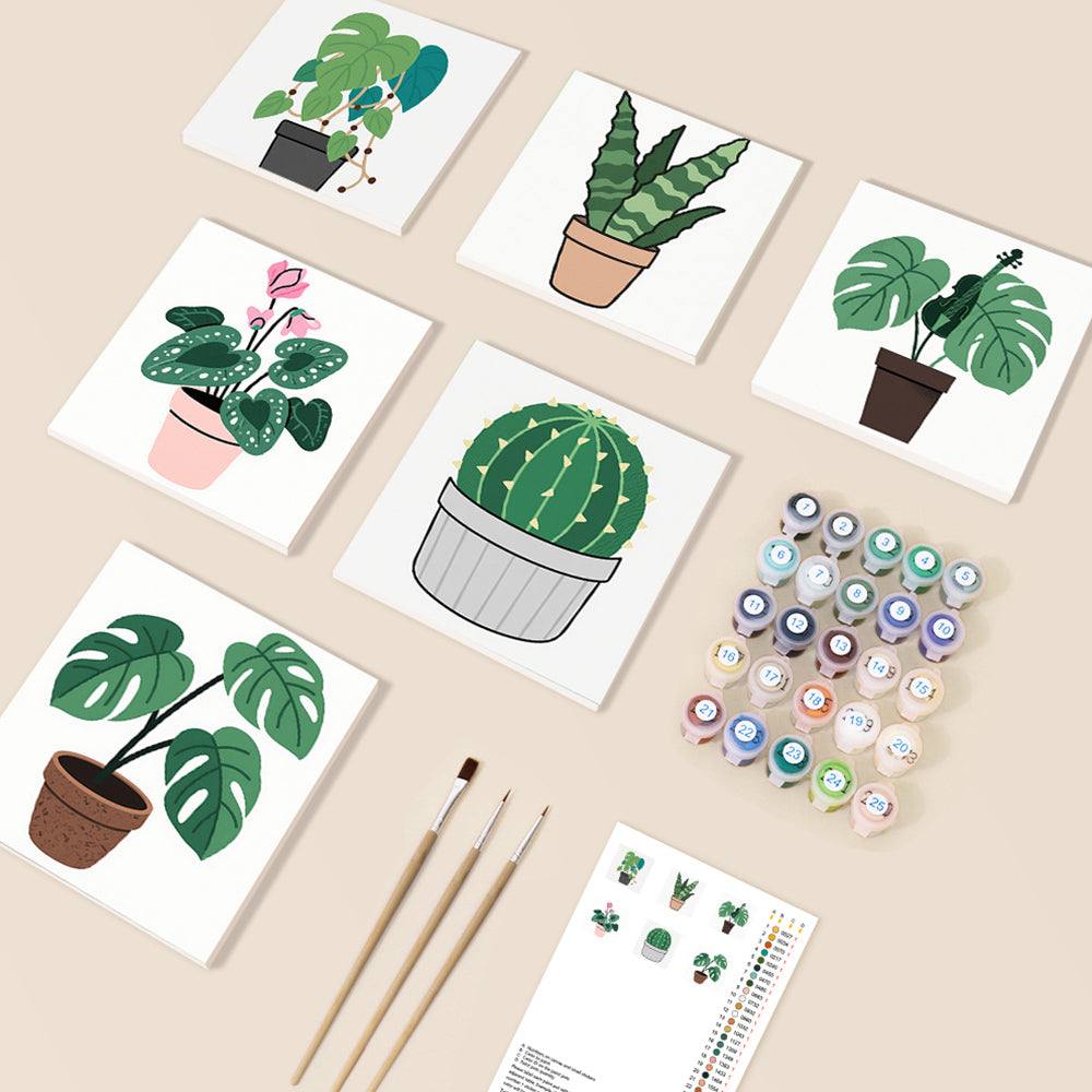 Cactus and Green Potted Plants 6 Pieces Mini Paint by Numbers 