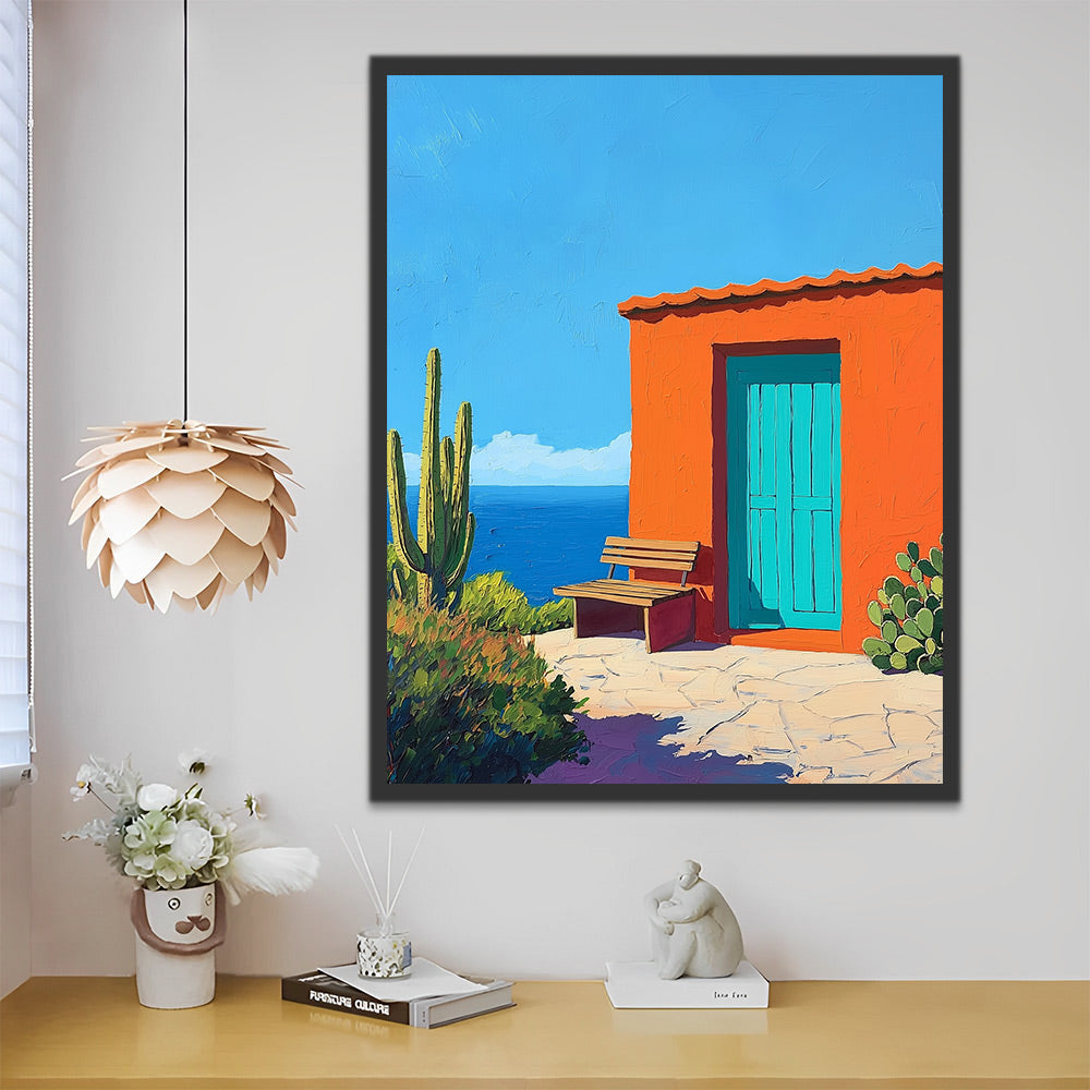 Cactus and Orange House by the Sea Paint by Numbers