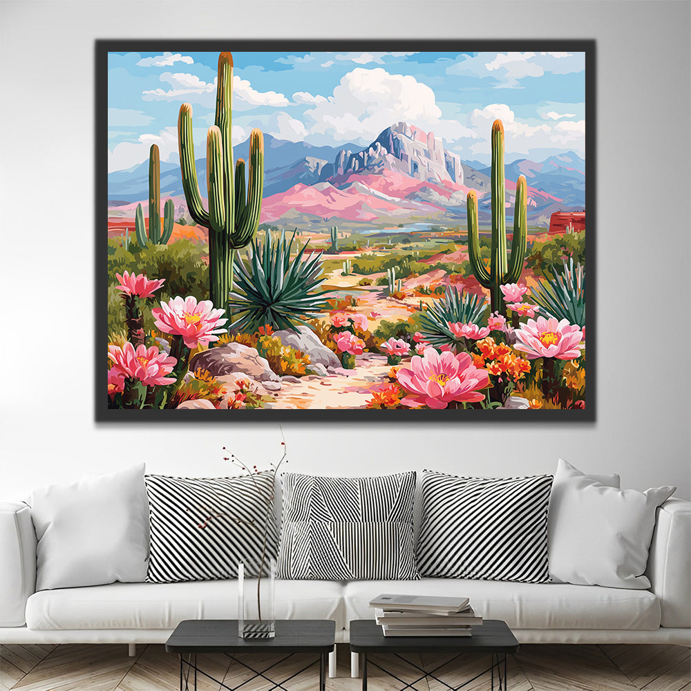 Cactus Blooming at the foot of the Mountain Paint by Numbers