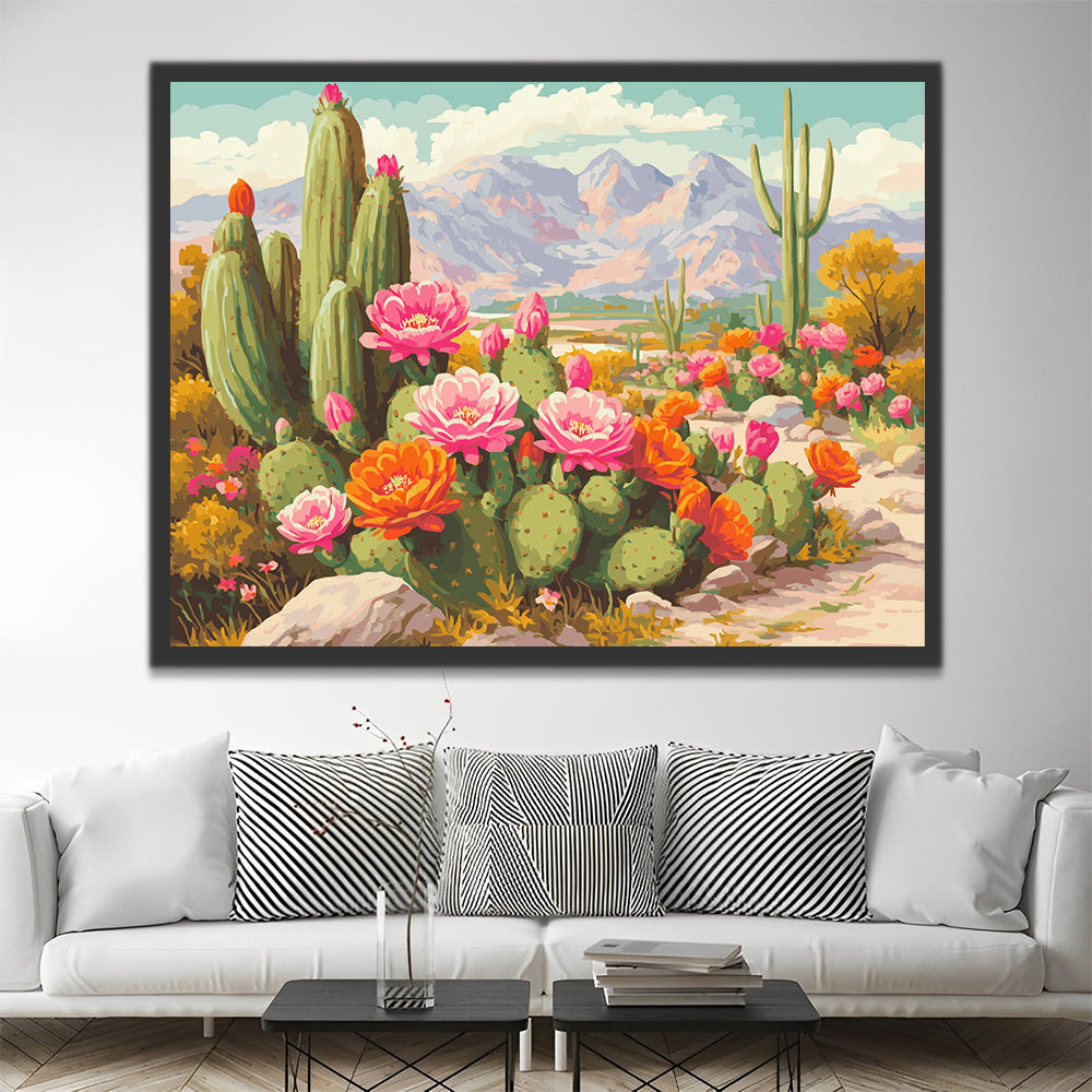 Cactus with Pink and Orange Flowers Paint by Numbers