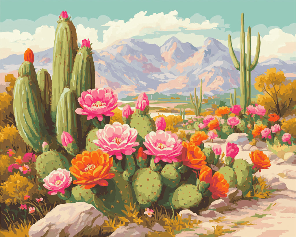 Cactus with Pink and Orange Flowers Paint by Numbers